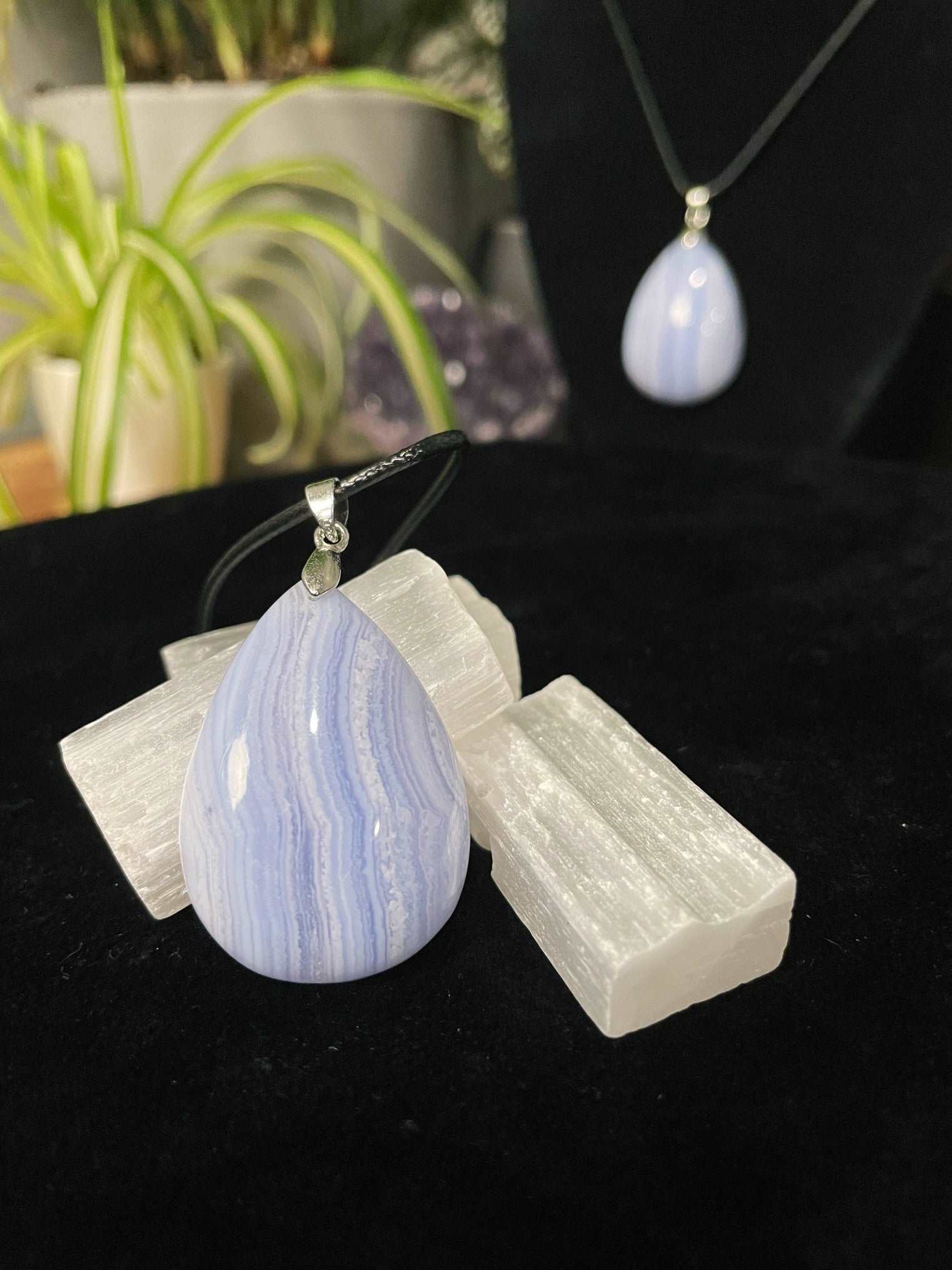 Blue Lace Agate Teardrop Necklace (A) - The Wandering Fox Emporium, Your Crystal Store