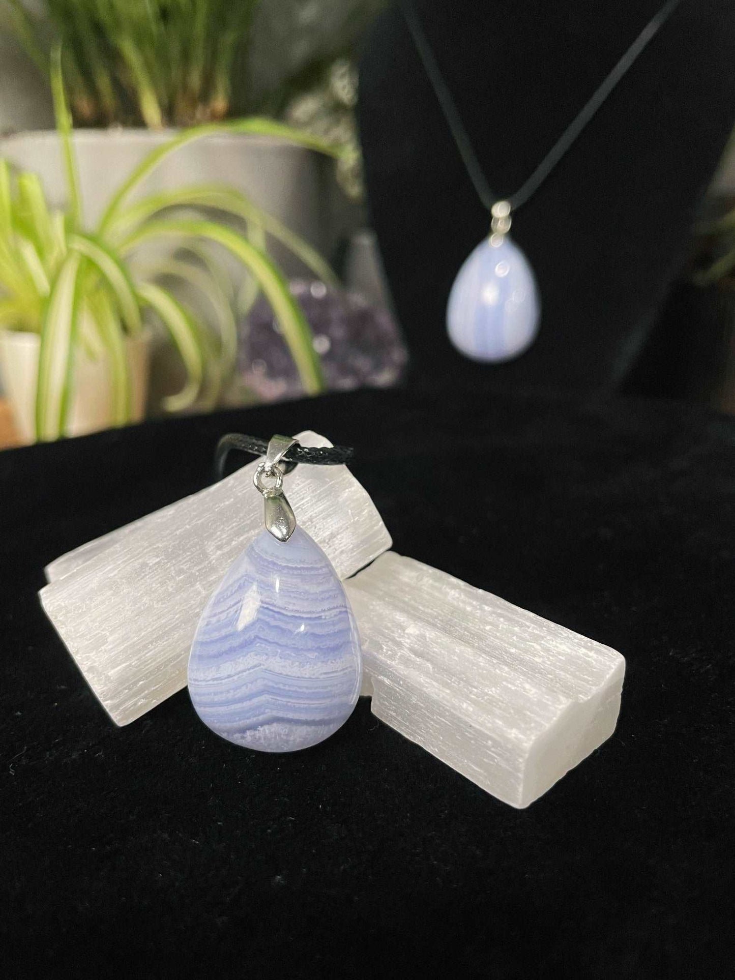 Blue Lace Agate Teardrop Necklace (B) - The Wandering Fox Emporium, Your Crystal Store