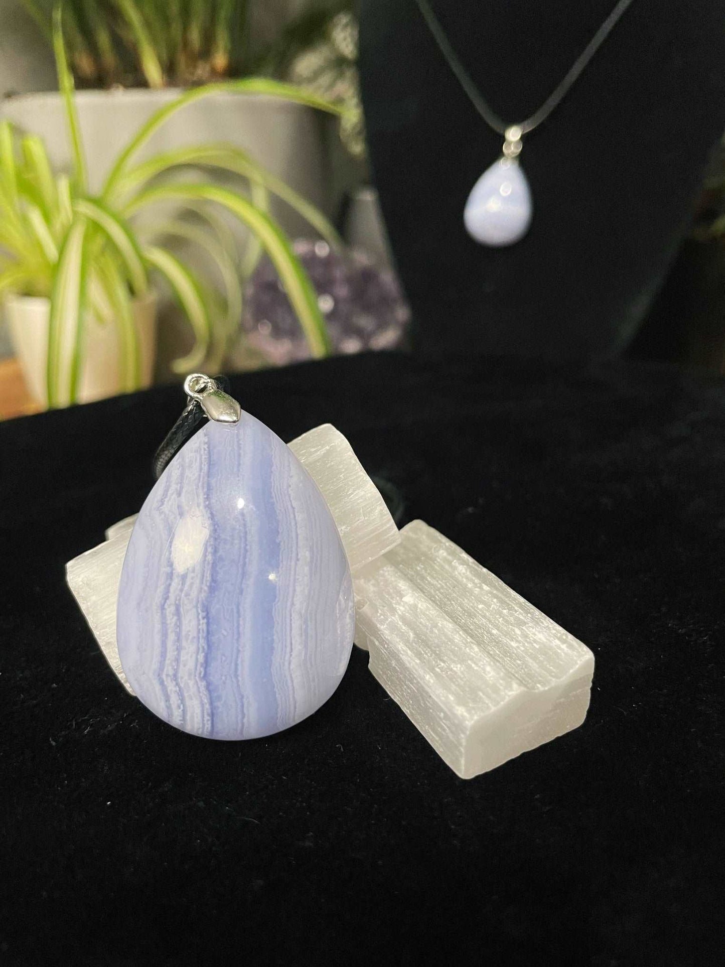 Blue Lace Agate Teardrop Necklace (C) - The Wandering Fox Emporium, Your Crystal Store