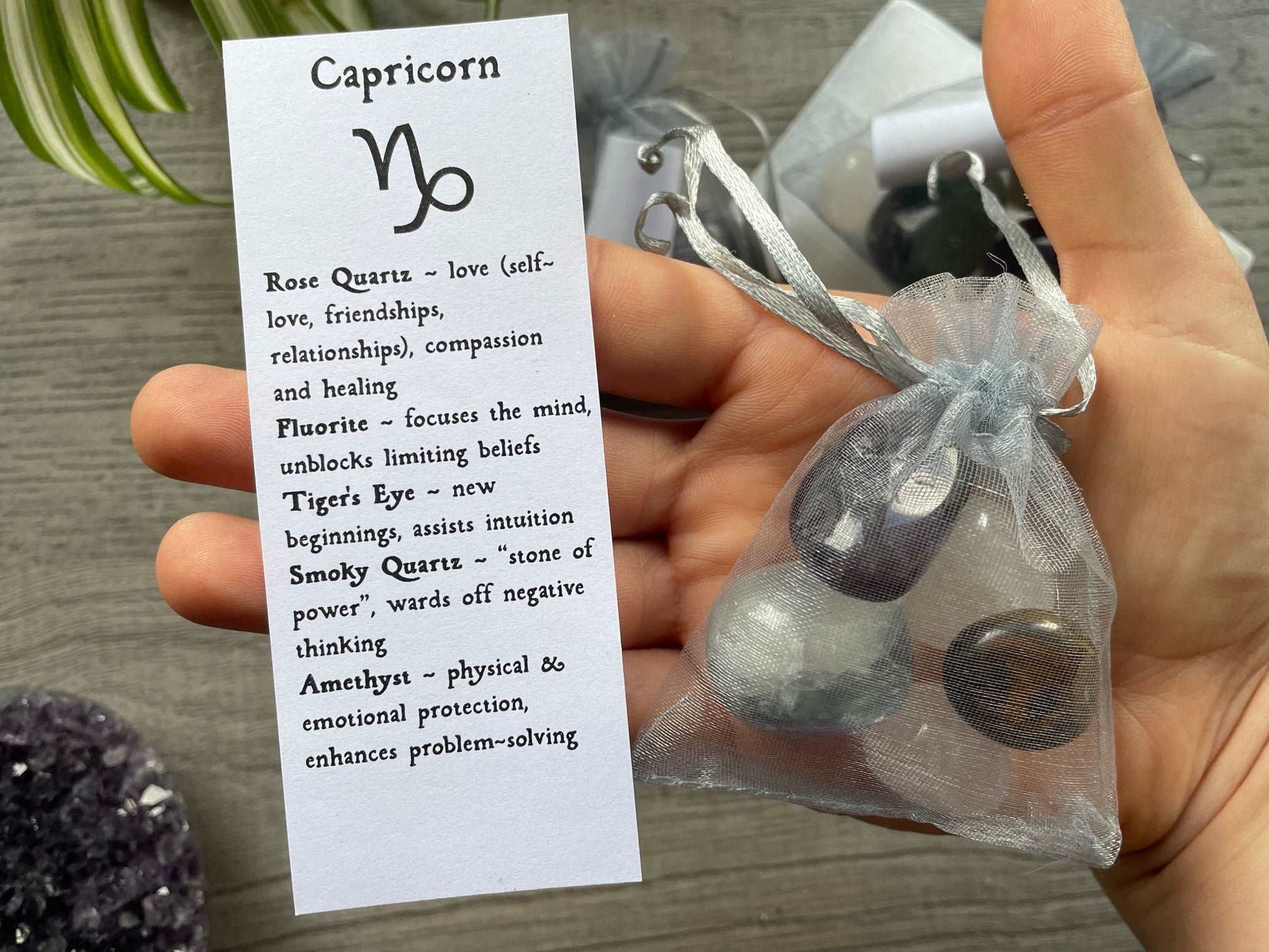 An image of a collection of tumbled stones in an organza bag. To the side is a piece of paper that describes what each tumbled stone's metaphysical properties are. CAPRICORN Zodiac Tumbled Crystal Bag front