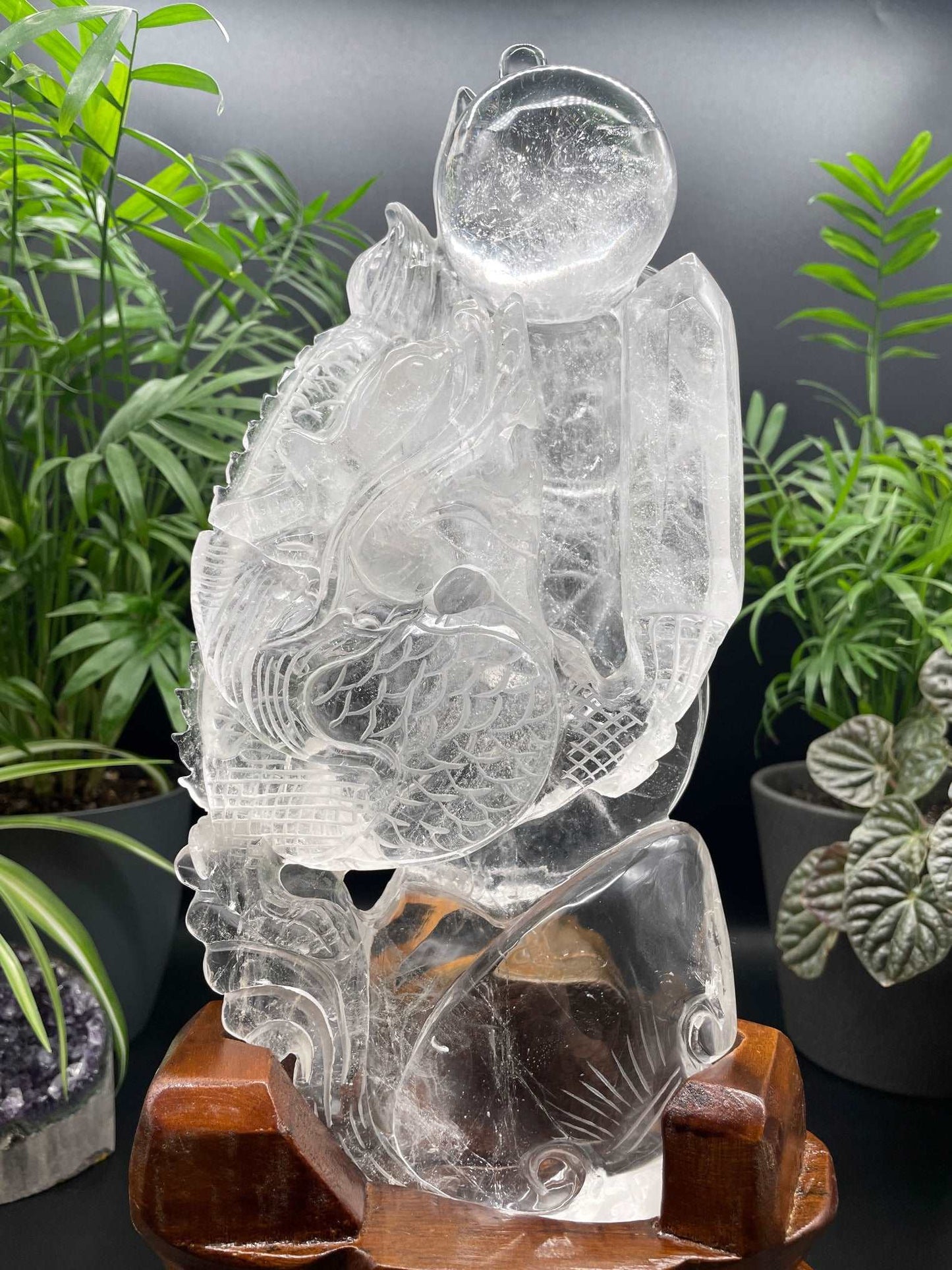 Clear Quartz Water Dragon and its Treasure Hoard Crystal Carving, front