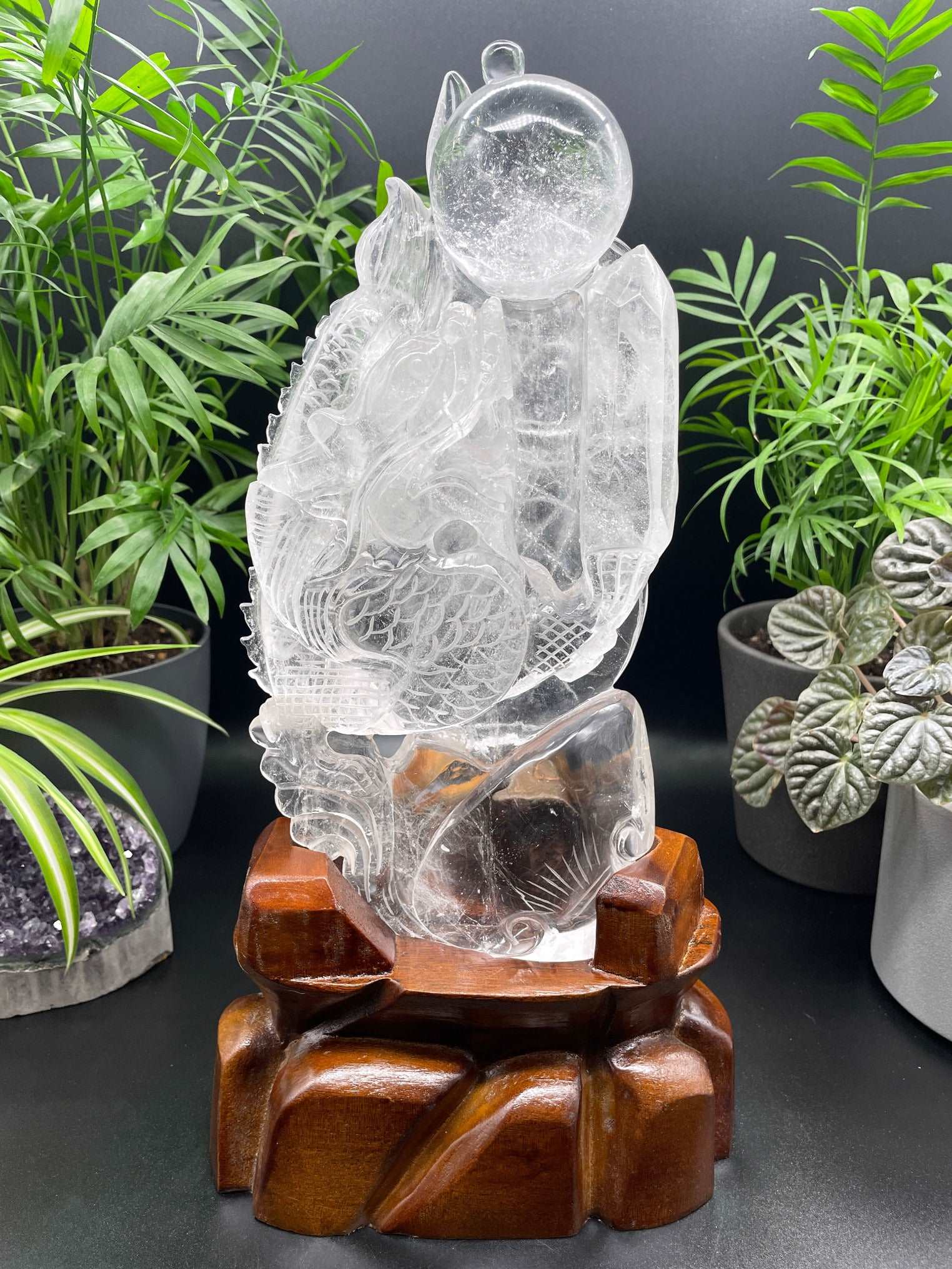 Clear Quartz Water Dragon and its Treasure Hoard Crystal Carving, front 2