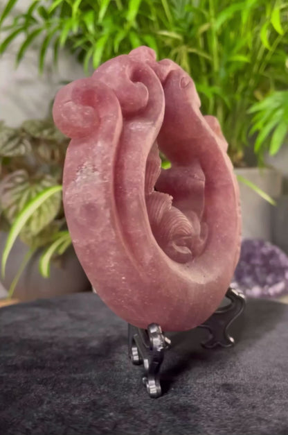 Hand-Carved Strawberry Quartz Phoenix & Nine-Tailed Fox Crystal Carving video