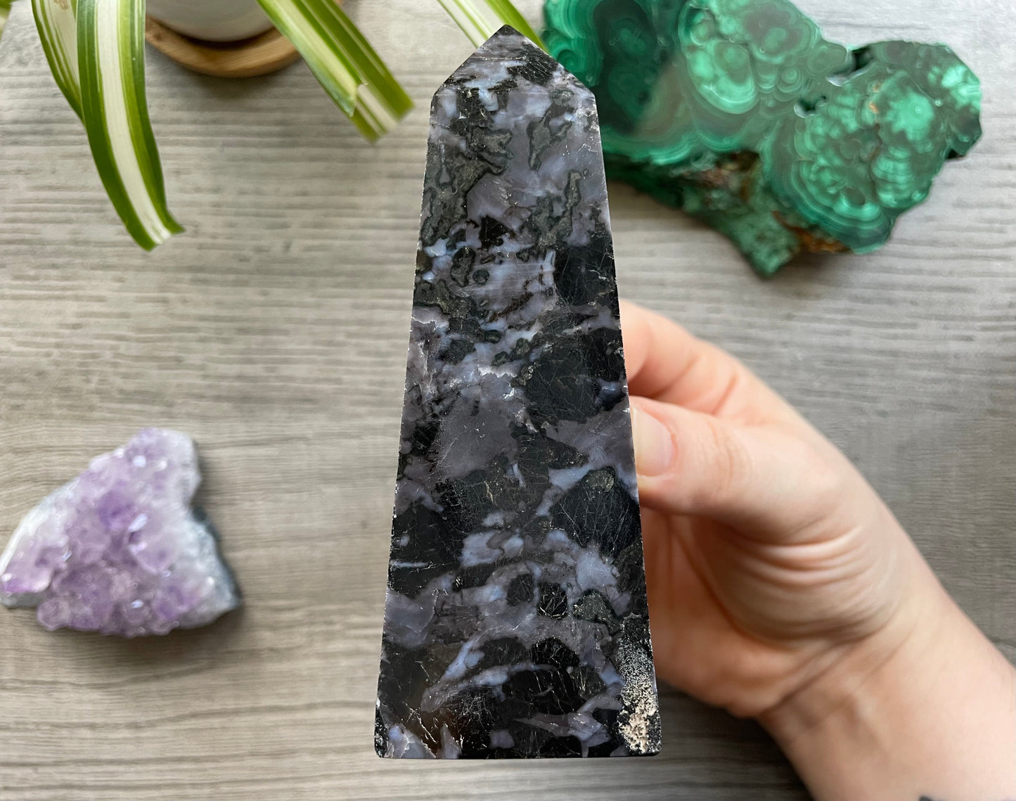 Mystic Merlinite (Indigo Gabbro) Crystal Obelisk (C) front