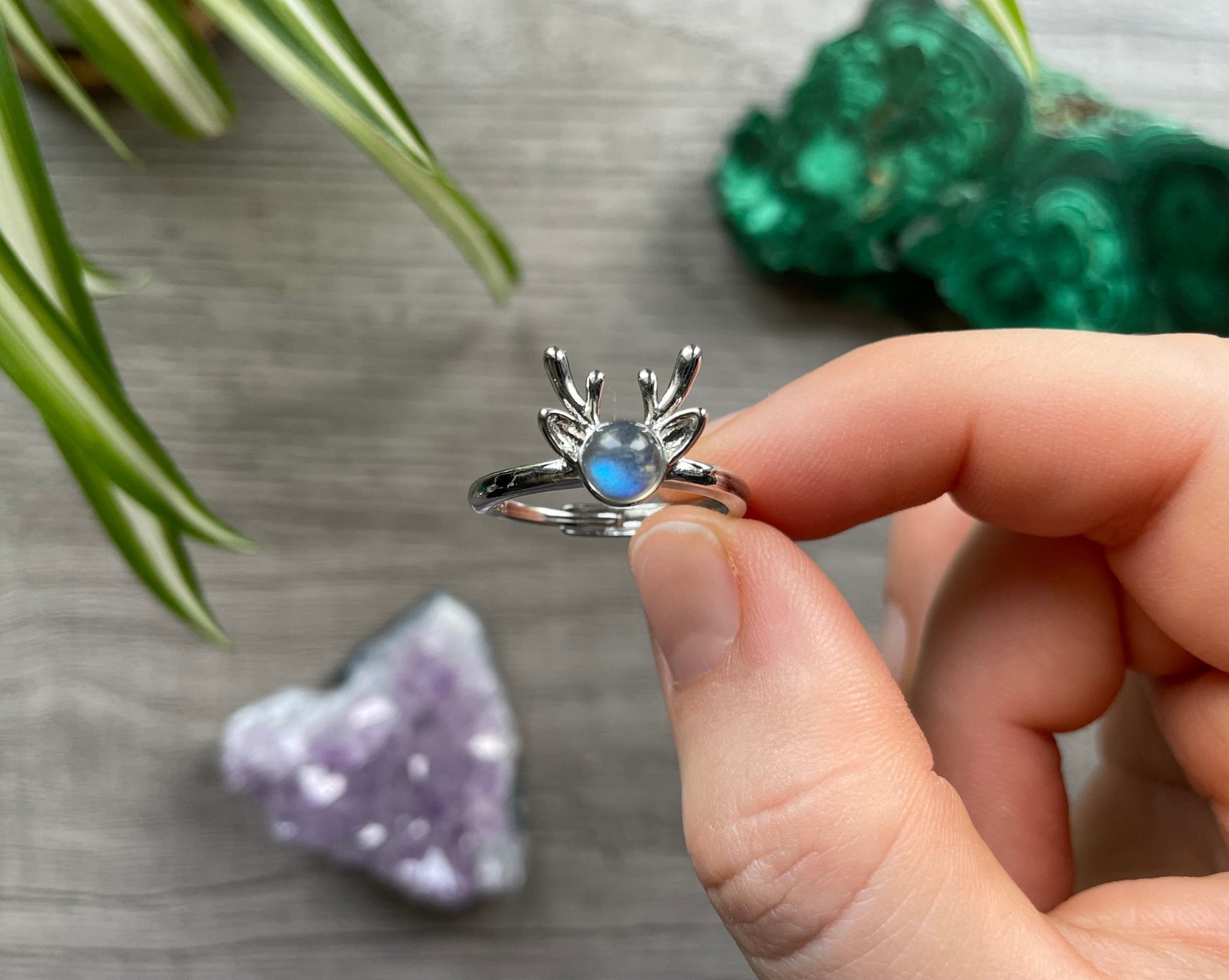 Pictured is a labradorite gemstone set in an S925 sterling silver ring. Labradorite Deer Ring - The Wandering Fox Emporium, Your Crystal Store close up