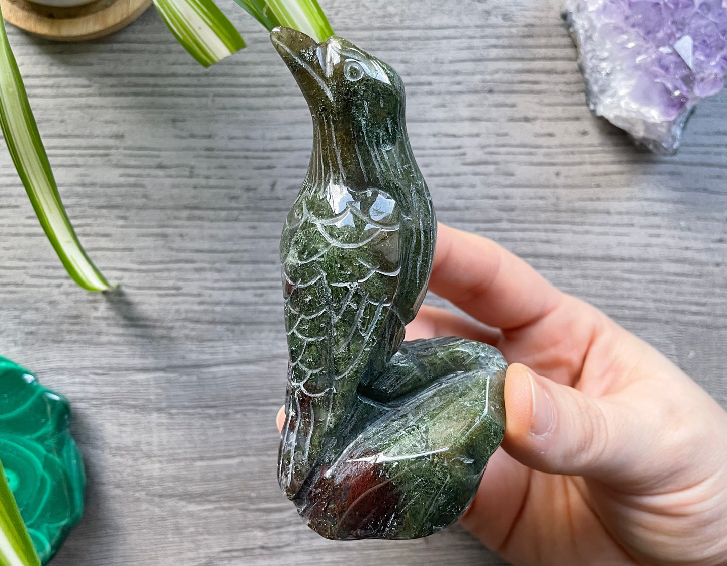 Moss Agate Raven Crystal Carving front