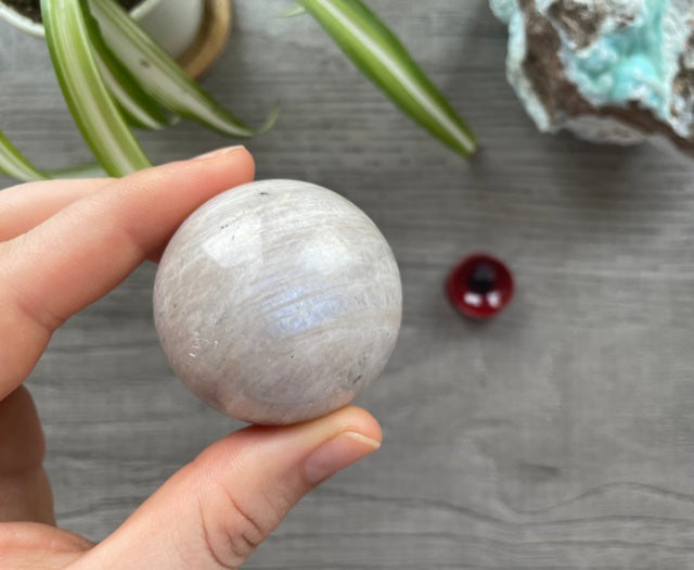 High-grade White Moonstone Sphere 42mm - The Wandering Fox Emporium, Your Crystal Store