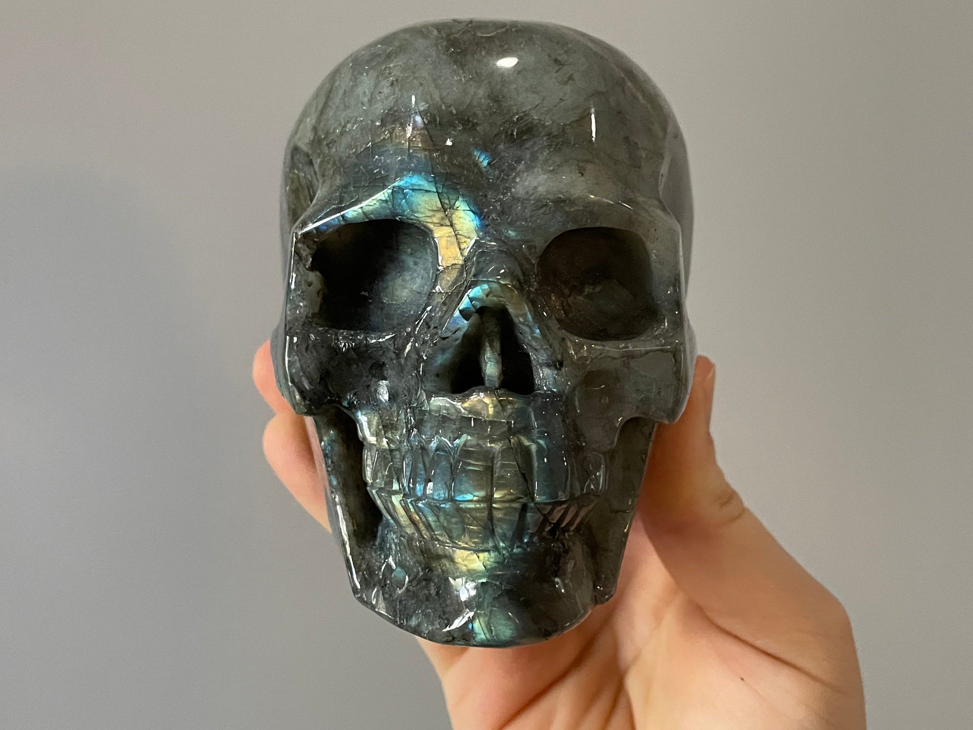 Labradorite Crystal Skull 1.15kg (Purple Rainbow) - The Wandering Fox Emporium, Your Metaphysical Store