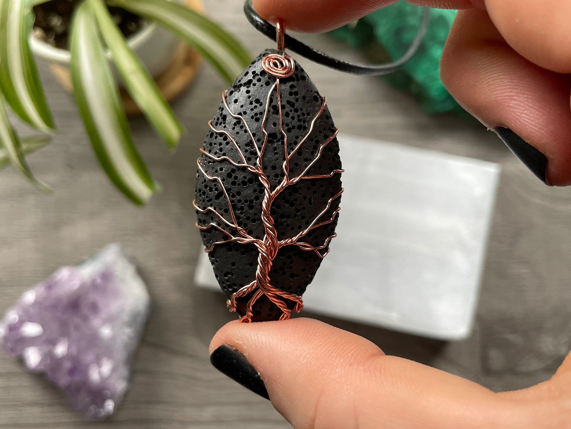 Lava Stone Wire-Wrapped Tree Of Life Necklace - The Wandering Fox Emporium, Your Crystal Store close up