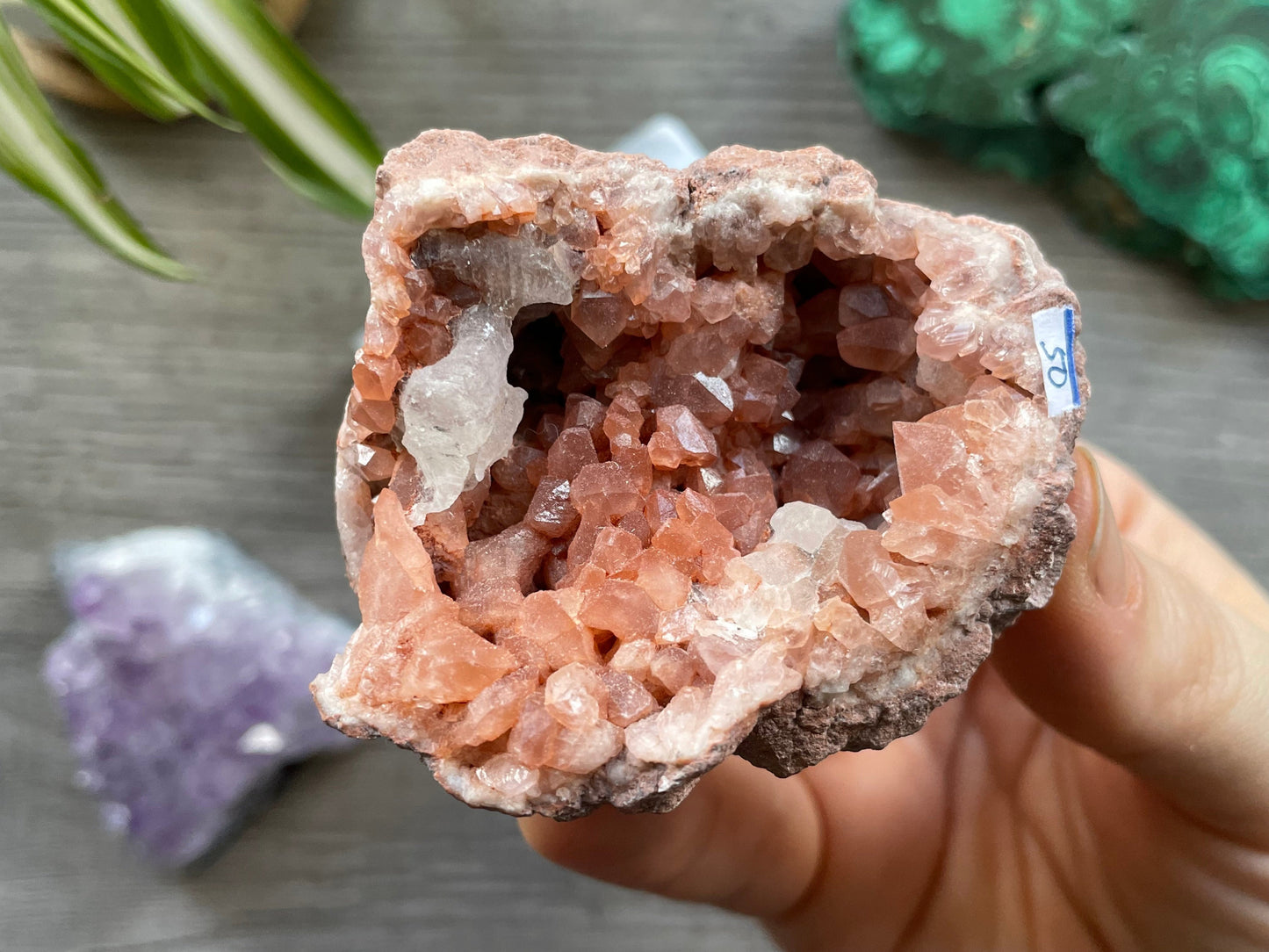 Pink Amethyst Geode Crystal with Calcite Formations close up