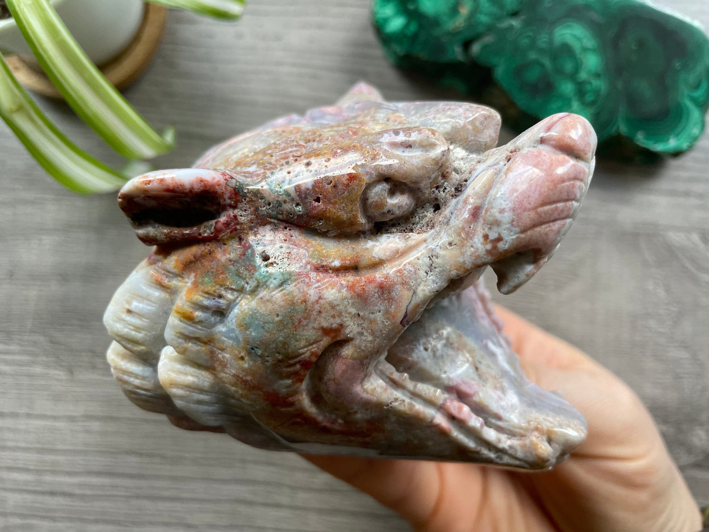 Indian Agate Roaring Tiger Head - B Crystal Carving side