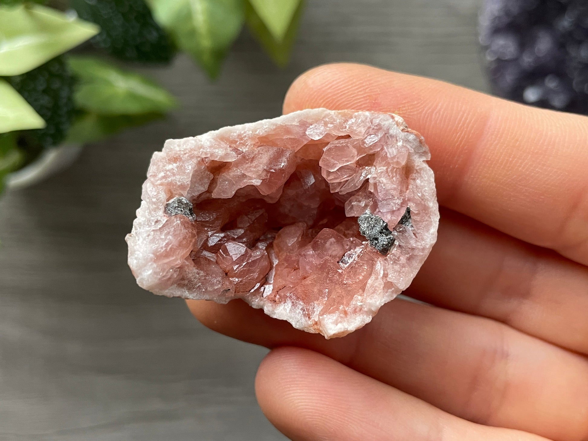 Pictured is a pink amethyst geode.Pink Amethyst Geode Crystal Cluster (A)