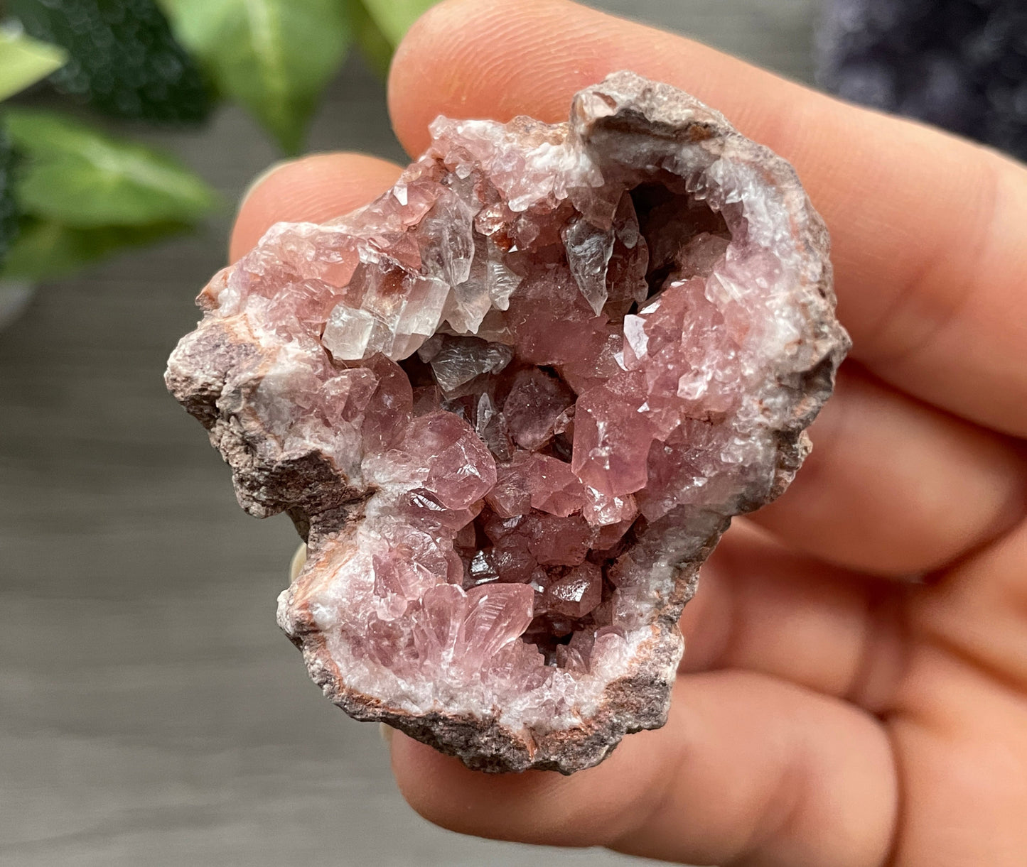 Pictured is a pink amethyst geode.Pink Amethyst Geode Crystal Cluster (D)
