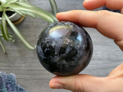 Mystic Merlinite (Indigo Gabbro) Sphere (G) - The Wandering Fox Emporium, Your Crystal Store back