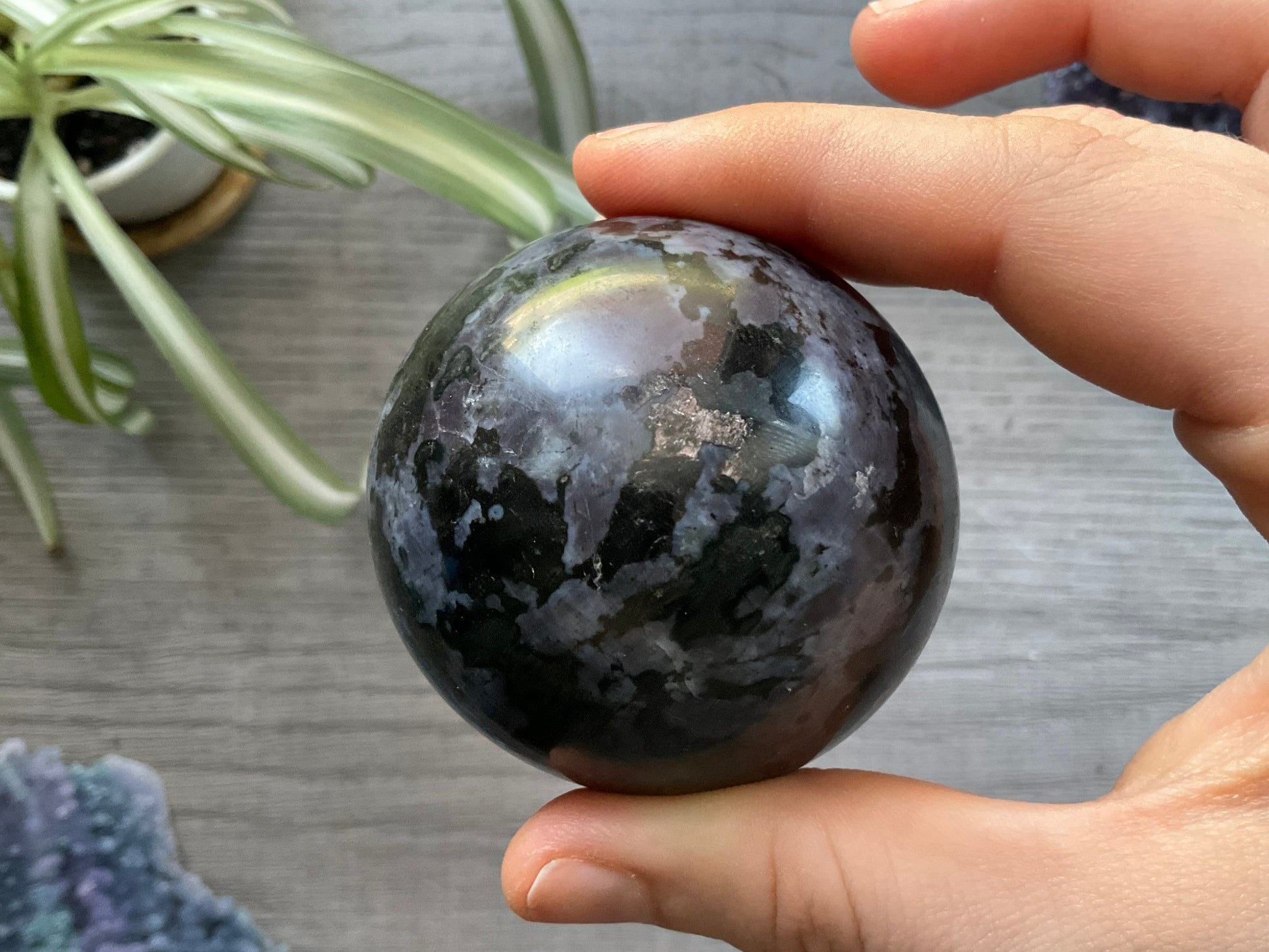 Mystic Merlinite (Indigo Gabbro) Sphere (G) - The Wandering Fox Emporium, Your Crystal Store front